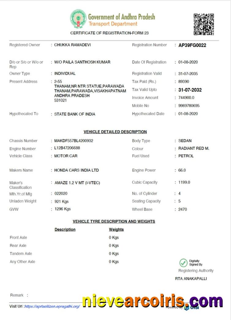 India Andhra Pradesh state vehicle registration certificate